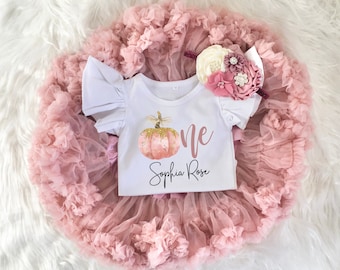 Pumpkin Fall 1st Birthday Girl Mauve Rose Gold Tutu Outfit, Vintage Rose Onesie®, Muave Pettiskirt, Cake Smash Outfit  Headband