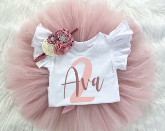 Personalized 2nd Birthday Girl Blush Pink and Mauve Tutu Outfit, Vintage Rose Onesie®, Cake Smash Outfit Headband Custom Name Outfit