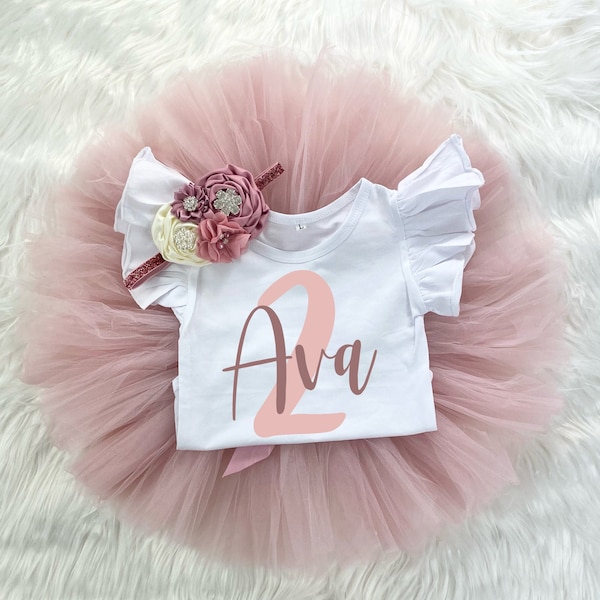 Personalized 2nd Birthday Girl Blush Pink and Mauve Tutu Outfit, Vintage Rose Onesie®, Cake Smash Outfit Headband Custom Name Outfit