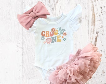 Groovy One Retro Birthday Girl Rose Gold Tutu Bloomers Outfit, Vintage Rose Onesie®, Blush Pink One Ruffle, Outfit Cake Smash