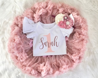 Personalized 1st Birthday Girl Blush Pink and Mauve Tutu Outfit, Vintage Rose Onesie®, One Pettiskirt, Cake Smash Outfit Headband