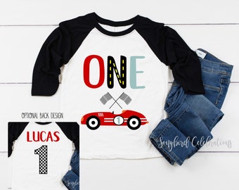 One RACE CAR 1st Birthday Boy Shirt, First Birthday Boys Baseball Raglan, Birthday Onesie® Racing Party, Personalized with Name and Number