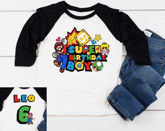 Birthday Personalized Super Birthday Boy Shirt, 6th Birthday Boys Baseball Raglan, Super Video Game Party, Personalised with Name and Number