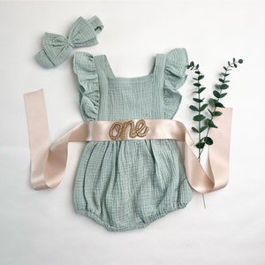Sage Green Natural Cotton Muslin Romper 1st Birthday Girl Outfit, One Birthday Set Girl, Rose Gold Sash Cake Smash Outfit