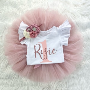 Personalized 1st Birthday Girl Blush Pink and Mauve Tutu Outfit, Vintage Rose Bodysuit, Cake Smash Outfit Headband Custom Name Outfit