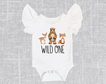 WILD ONE 1st Birthday Girl Onesie®, Girls Wild One Fox Flutter Sleeve Bodysuit, Baby Woodland Animals T-Shirt, Boho Teepee Top, Cake Smash