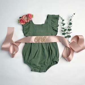 Natural Cotton Linen Romper 1st Birthday Girl Outfit, One Birthday Set Girl, Forrest Green, Moss Green, Cake Smash Outfit