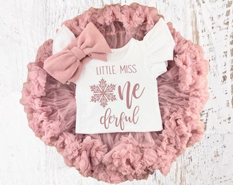 Little Miss Onederful Snowflake Winter 1st Birthday Girl Mauve Rose Gold Tutu Outfit, Vintage Rose Onesie®, Pettiskirt Cake Smash Shirt