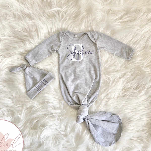 Personalized Knotted Baby Gown With Name, Grey Gray Navy Blue Gown Boy Baby Shower Gift, Coming Home Outfit Hospital Outfit, Newborn Gift