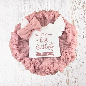 It's My First Birthday Personalized 1st Birthday Girl Tutu Outfit, Personalised Mauve Rose Gold Onesie®, Pettiskirt Custom Cake Smash Shirt