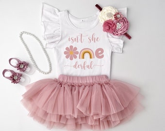 Retro Daisy Rainbow Isn't She One derful 1st Birthday Girl Blush Pink Floral and Mauve Ballerina Tutu Outfit,  Onederful Girl