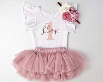 Personalized 1st Birthday Girl Blush Pink and Mauve Ballerina Tutu Outfit, Vintage Rose Bodysuit, Cake Smash Outfit Headband Custom Name