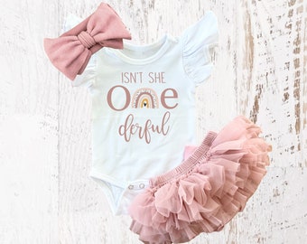 Boho Rainbow Isn't She Onederful Birthday Girl Rose Gold Tutu Bloomers Outfit, Vintage Rose Onesie®, Blush Pink One Ruffle Outfit Cake Smash