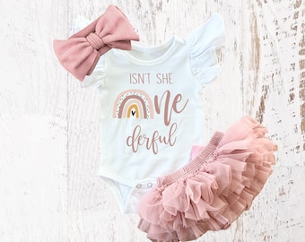 Boho Rainbow Isn't She Onederful Birthday Girl Rose Gold Tutu Bloomers Outfit, Vintage Rose Onesie®, Blush Pink One Ruffle Outfit Cake Smash