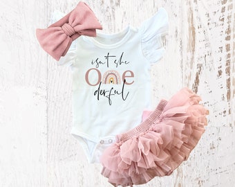 Boho Rainbow Isn't She Onederful Birthday Girl Rose Gold Tutu Bloomers Outfit, Vintage Rose Onesie®, Blush Pink One Ruffle Outfit Cake Smash