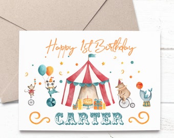 Personalized Circus Themed 1st Birthday Card, Carnival Greeting Card, 2nd Birthday Circus, 3rd Birthday Animals Card, Circus Animals