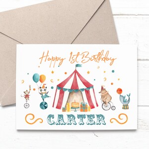 Carte personnalisée du 1er anniversaire sur le thème du cirque, carte de vœux du Carnaval, cirque du 2e anniversaire, 3e carte d’anniversaire des animaux, Animaux de cirque