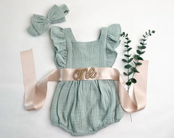 Sage Green Natural Cotton Muslin Romper 1st Birthday Girl Outfit, One Birthday Set Girl, Rose Gold Sash Cake Smash Outfit