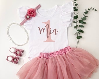 Personalized 1st Birthday Girl Blush Pink and Mauve Flowy Tutu Outfit, Vintage Rose Bodysuit, Cake Smash Outfit Headband Custom Name Outfit