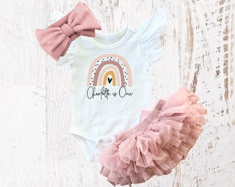 Personalized Boho Rainbow Birthday Girl Rose Gold Tutu Bloomers Outfit, Vintage Rose Onesie®, Blush Pink One Ruffle, Outfit Cake Smash