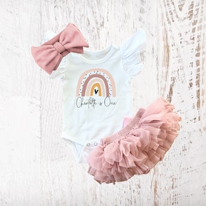 Personalized Boho Rainbow Birthday Girl Rose Gold Tutu Bloomers Outfit, Vintage Rose Onesie®, Blush Pink One Ruffle, Outfit Cake Smash