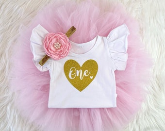 1st Birthday Outfit Girl One Tutu Outfit First Birthday Girl Cake Smash Shirt Gold Glitter Bodysuit Headband Photo Prop