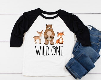 Woodland Animals Wild One First Birthday Boy Shirt, Tee Shirt 1st Birthday Wild One Onesie® Black White Baseball Raglan Cake Smash Photos