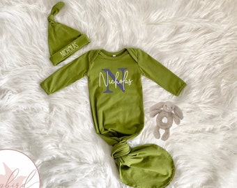 Personalized Knotted Baby Gown With Name, Olive Green Navy Blue Gown Boy Baby Shower Gift, Coming Home Outfit Hospital Outfit, Newborn Gift