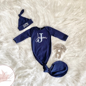 Personalized Knotted Baby Gown With Name, Navy Blue Gown Boy Baby Shower Gift, Coming Home Outfit Hospital Outfit, Newborn Gift for New Mom image 1