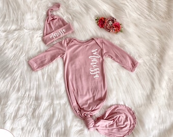 Personalized Knotted Baby Gown With Name, Mauve Vintage Rose Gown Boy Baby Shower Gift, Coming Home Outfit Hospital Outfit, Newborn Gift