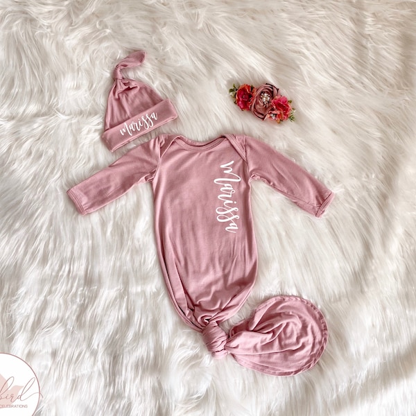 Personalized Knotted Baby Gown With Name, Mauve Vintage Rose Gown Boy Baby Shower Gift, Coming Home Outfit Hospital Outfit, Newborn Gift