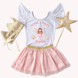 Ensemble tutu personnalisé pour 1er anniversaire de fille My Fairy avec couronne et baguette étoilée – Coffret cadeau éclatant de gâteau scintillant rose et feuille d'or