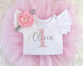 PERSONNALISÉ 1er anniversaire Tenue Fille Un Tutu Tenue Premier Anniversaire Tenue Fille Gâteau Smash Chemise Rose & Argent Paillettes Body Bandeau