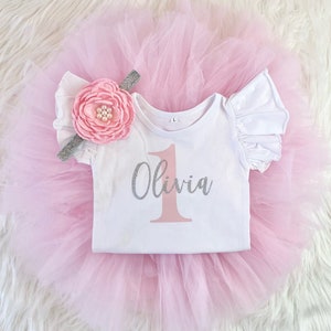 PERSONALIZED 1st Birthday Outfit Girl One Tutu Outfit First Birthday Outfit Girl Cake Smash Shirt Pink & Silver Glitter Bodysuit Headband
