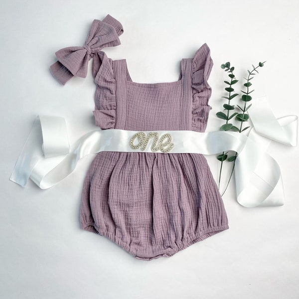 Antique Lavender Natural Cotton Muslin Romper 1st Birthday Girl Outfit, One Birthday Set Girl, Silver Sash Cake Smash Outfit