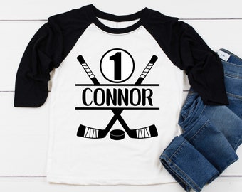 HOCKEY First Birthday Boy Shirt, 1st Birthday Boy Shirt One, Hockey Stick and Hockey Puck Baseball Style Raglan Personalized Name and Number