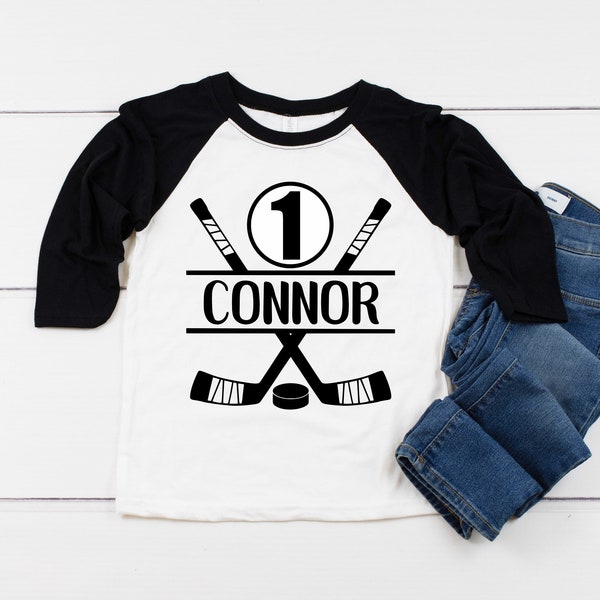 HOCKEY First Birthday Boy Shirt, 1st Birthday Boy Shirt One, Hockey Stick and Hockey Puck Baseball Style Raglan Personalized Name and Number