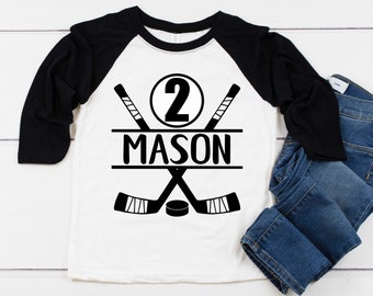 HOCKEY 2nd Birthday Boy Shirt, Second Birthday Boy Shirt, Hockey Stick and Hockey Puck Baseball Style Raglan Personalized Name and Number