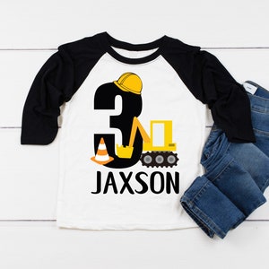 3rd Birthday Boy Construction Shirt Third Birthday Boy Shirt Three Word 3 Excavator Shirt Baseball Style Raglan Personalized with Name image 1