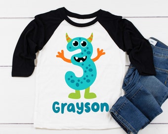 Monster 3rd Birthday Shirt, Little Monster Third Birthday Boy Girl Tee, 3rd Birthday Baseball Raglan Personalized with Name, Monster Party