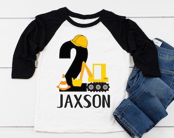 2nd Birthday Boy Construction Shirt Third Birthday Boy Shirt Three Word 2 Excavator Shirt Baseball Style Raglan Personalized with Name