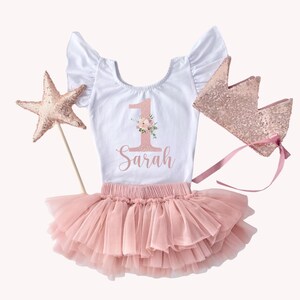 Tutu Floral One pour 1er anniversaire de fille avec couronne et baguette étoilée, 1er anniversaire de paillettes d'or rose, Cake Smash Princess