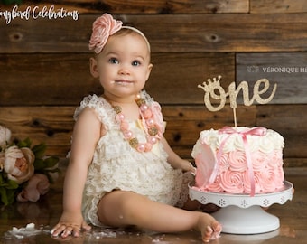 Ivory and Peach Lace Romper 1st Birthday Girl Outfit Baby Headband Flower Girl Cake Smash Easter Outfit Baby Vintage Style Heritage