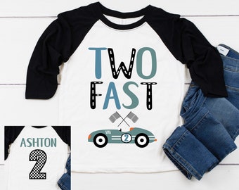 TWO FAST Race Car 2nd Birthday Boy Shirt, Second Birthday Boys Baseball Raglan, Birthday Racing Party, Personalized with Name and Number