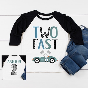 TWO FAST Race Car 2nd Birthday Boy Shirt, Second Birthday Boys Baseball Raglan, Birthday Racing Party, Personalized with Name and Number