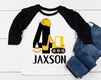 4th Birthday Boy Construction Shirt, Fourth Birthday Boy Shirt Four Word 4 Excavator Shirt Baseball Style Raglan Personalized with Name