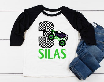 MONSTER TRUCK 3rd Birthday Boy Shirt, Third Birthday Boys Baseball Raglan, Truck Three Birthday Party, Personalized with Name and Number