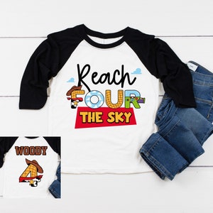 Cowboy Reach FOUR the Sky Birthday Boy Shirt, 4th Birthday Boys Raglan, Western Cowboys Party, Personalized with Name and Number