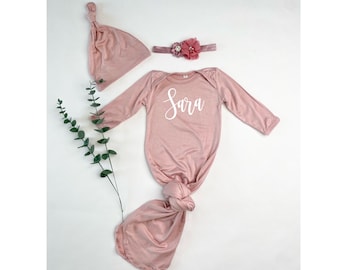 Personalized Knotted Baby Gown With Name, Mauve Vintage Rose Gown Boy Baby Shower Gift, Coming Home Outfit Hospital Outfit, Newborn Gift