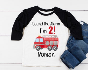 FIRE TRUCK 2nd Birthday Boy Shirt, Second Birthday Boys Baseball Raglan, Birthday Onesie® Firetruck Party, Personalized with Name and Number